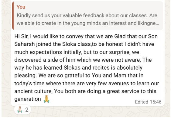 Feedback from Parent of Saharsh Nayak (Pune) on 9th Aug 26
