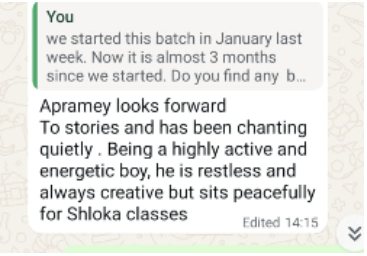 Feedback from Parent of Apramey, Bangalore on 22nd April 25