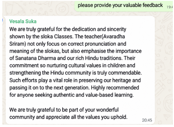 Feedback from Parent of Aarna, Bangalore on 23rd Dec 25